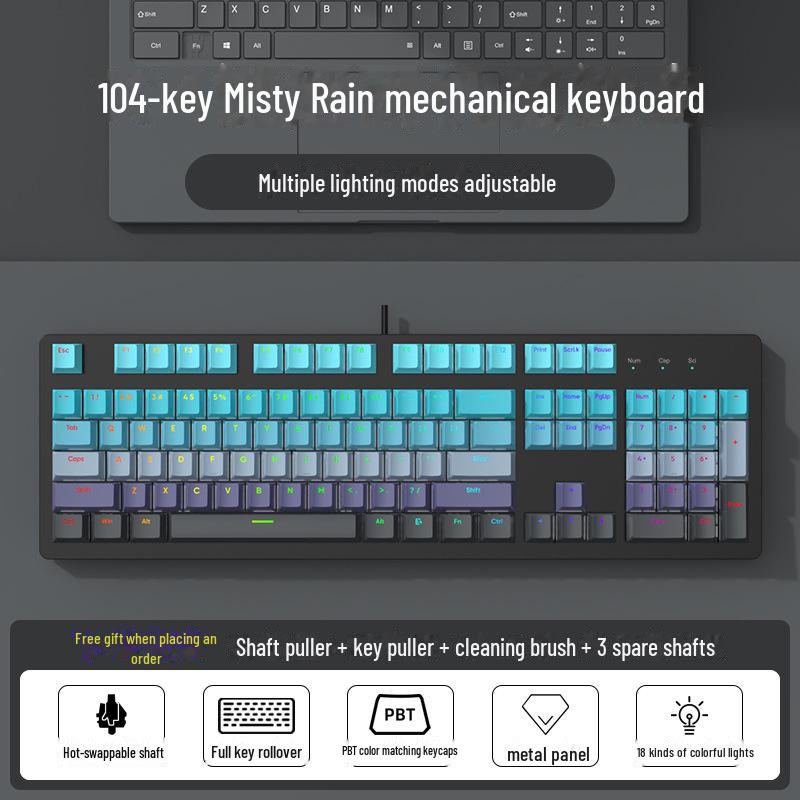 104-Key Wired Gaming Mechanical Keyboard, Blue/Black/Tea/Red/Silent Switches, Mahjong Sound, Hot-Swappable, Customizable