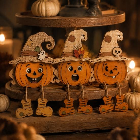 Unique Housewarming Gifts for Fall 3PCS Distressed Wooden Pumpkin Ornaments, Witch Hats And Ghost Patches Rustic Hat Decor Decor, Halloween Farmhouse