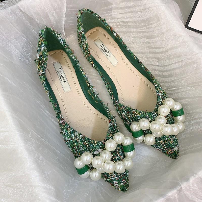 

2025 Spring Summer New Pointed Flat Shoes Women Green Pure White Flats with Big Pearls Unique Design Large Size 44 45 46 33 34 46 зелёный
