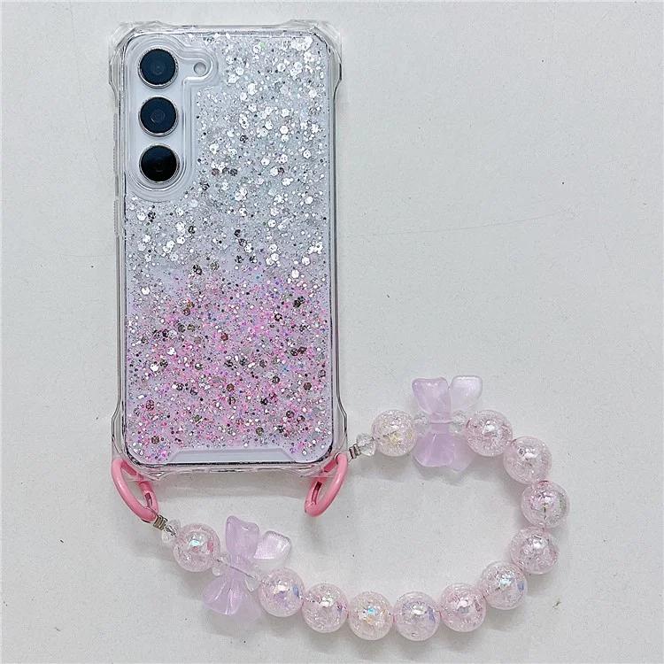 

For Samsung Galaxy S24+ Gradient Case TPU+Acrylic Thicken 4 Corners Phone Cover with Hand Chain - Silver+Pink
