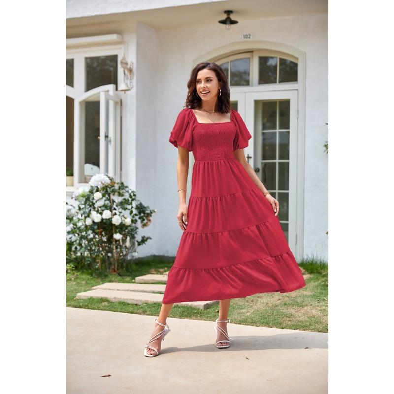 Popular Women's Square Neck Backless Bubble Sleeve Pleated Short Sleeved Dress
