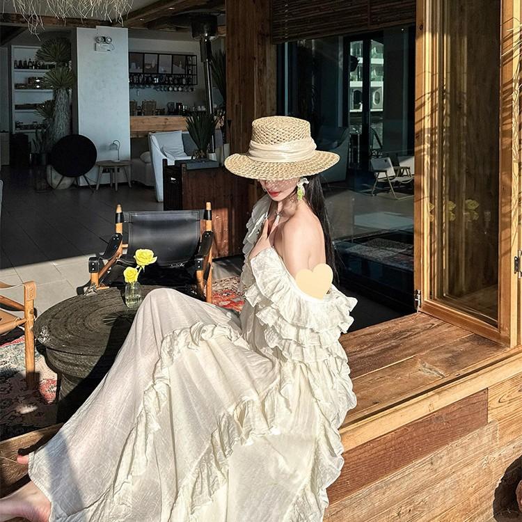 Old Money Wind Hollow Flat Top Salty Grass Woven Hollow Straw Hat Female Summer French Seaside Beach Sun Protection Hat Sun Hat