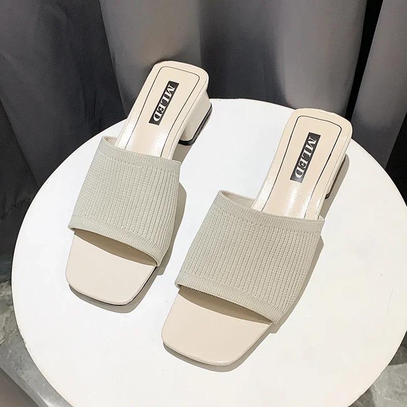 Women's Shoes Slippers Outdoor 2024 Summer Knitted Stretch Open Toe Thick-soled Heels Half-drag Sandals Ladies Footwear