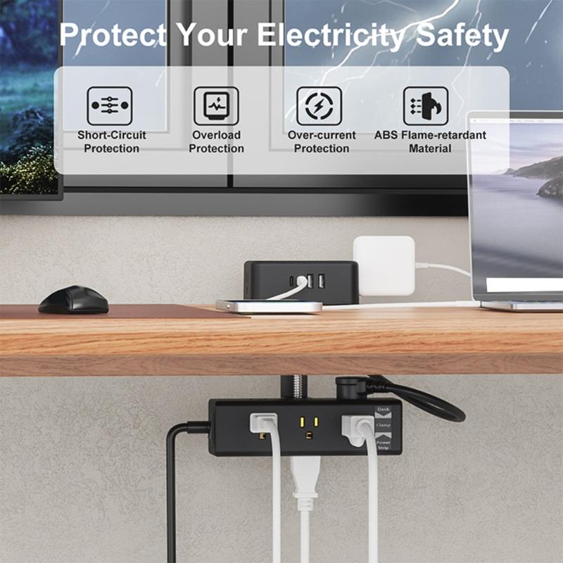 Clamp Mounted Power Strips 13AC Outlets 4 USB Port 20WPD Fast Charging Safety Protections 2M Cord ABS Materials Build