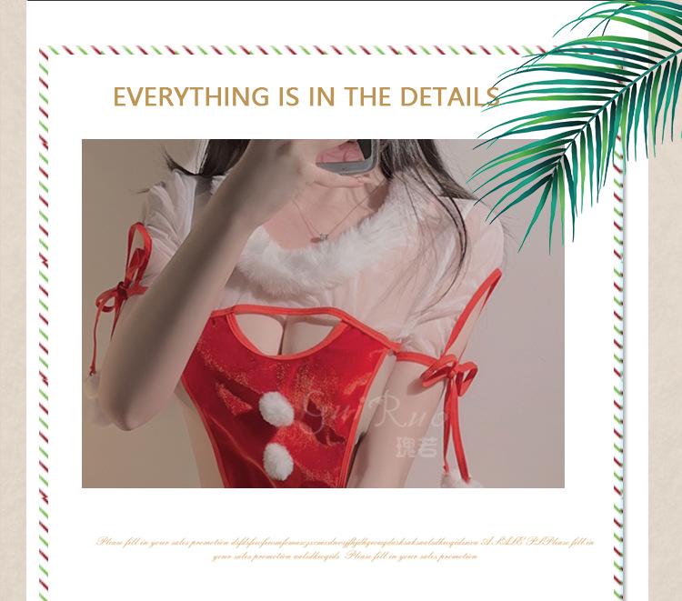 Alluring Velvet Mesh Open Crotch Christmas Lingerie Bodysuit Set for Women