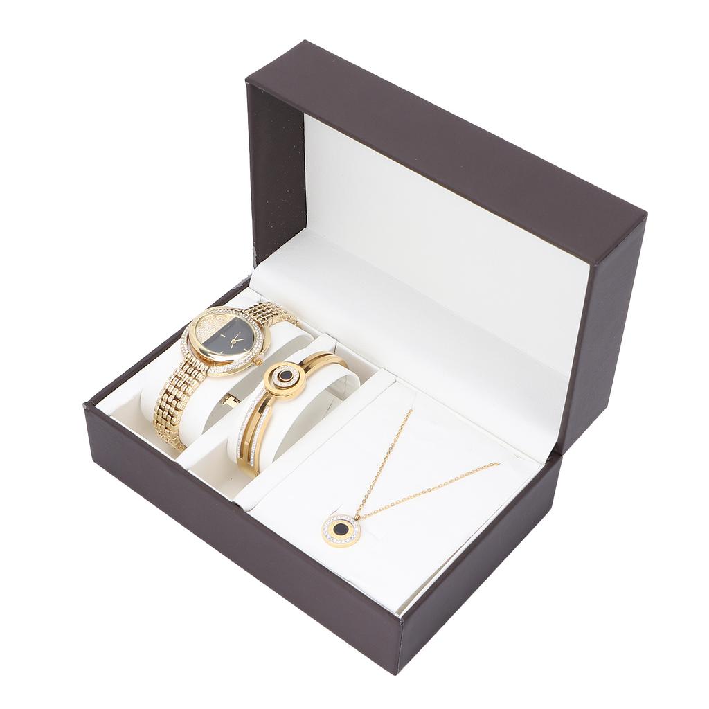 Business Style Women Watch Bracelet Necklace Set Anniversary Birthday Gift Jewelry Set Gold