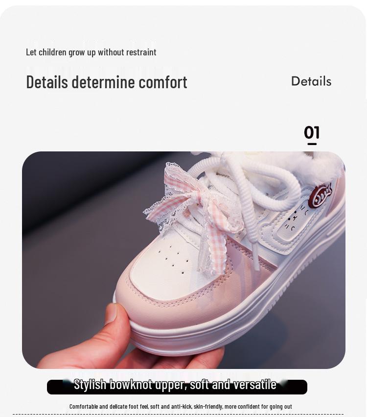 Versatile Children's Winter Plus Velvet Cat-Design Casual Warm Sneakers - White, Women's Sports Flat Shoes