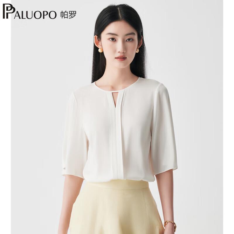 PALUOPO Women s Mulberry Silk Hollow-Out Short Sleeve T-Shirt L (165/88A) белый