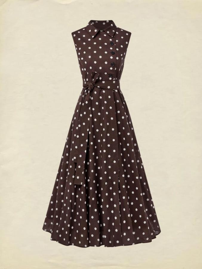 European Sleeveless Polka Dot Retro Dress with Lapel and Faux Button Lace-up Design