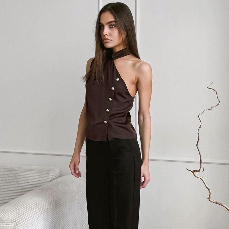

New Style Halter Neck Camisole with Button Design, Fashionable and Elegant, Versatile for Commuting, Cross-Border European and American Women s Top Brown S
