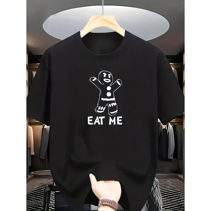 European Size Round-neck Short-sleeve T-shirt Featuring a Gingerbread for Man Design On the Front with "EAT ME" Printed Text. The Gingerbread for Man