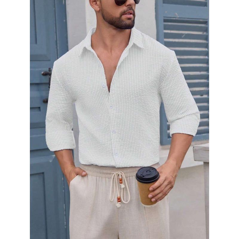 Men Long Sleeve Vertical Stripe Shirt Seersucker Casual Beach Top S белый