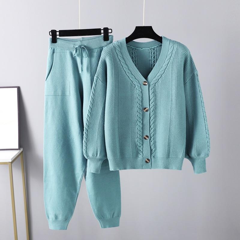 Large size women's clothing new autumn and winter knitted two-piece set twist cardigan solid color set sweater women