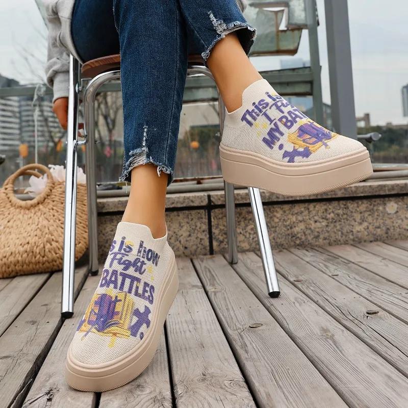 Fashion 2025 Hot Sale Mesh Women's Vulcanize Shoes Outdoor Walking Print Slip On Platform Sneakers Plus Size Versatile Casual Shoes