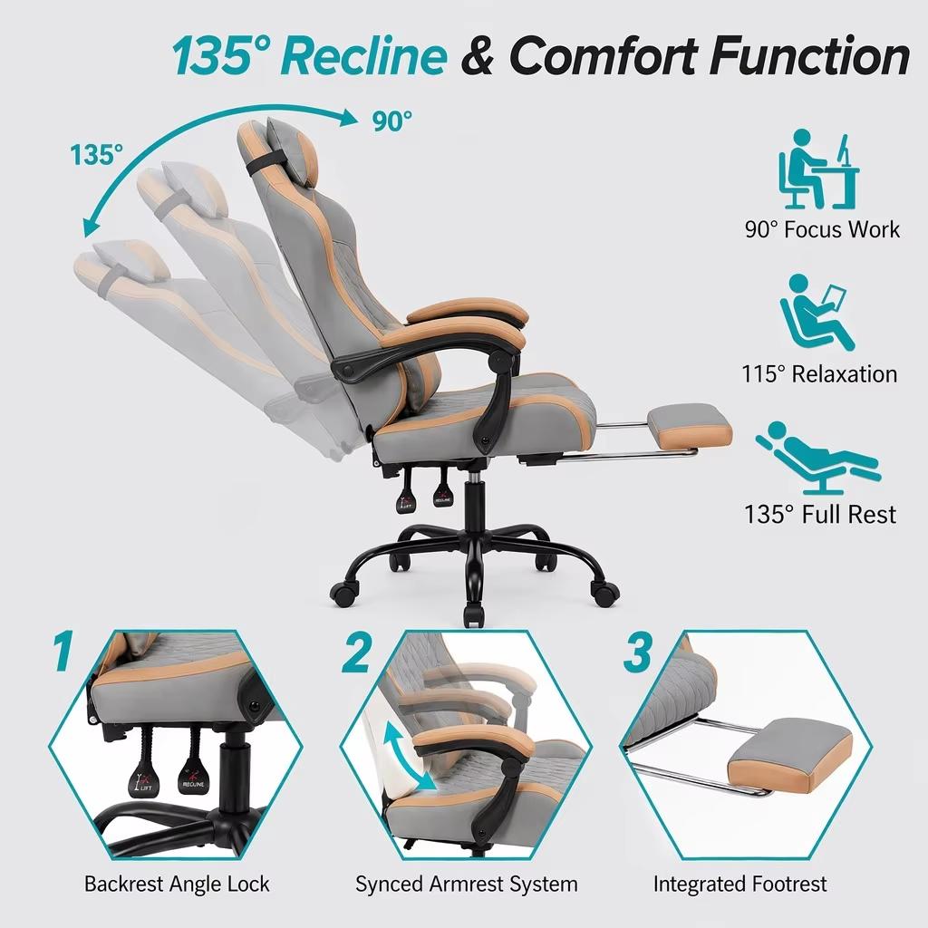 Ergonomic Gaming & Office Chair, Breathable Protein Leather, Footrest, Steel Base & Casters, 360 degrees Desk Chair for Home Office & Gaming
