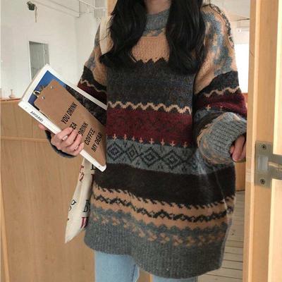 Vintage Sweaters Women Pullover Winter Striped Jumpers Korean Style Oversized Sweater Knitwear Casual Loose Pullover Pull Femme KTB