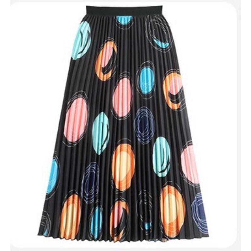 DX~~ New Retro Digital Print Skirt Women's High-waisted Slim Midi A-line Pleated Skirt
