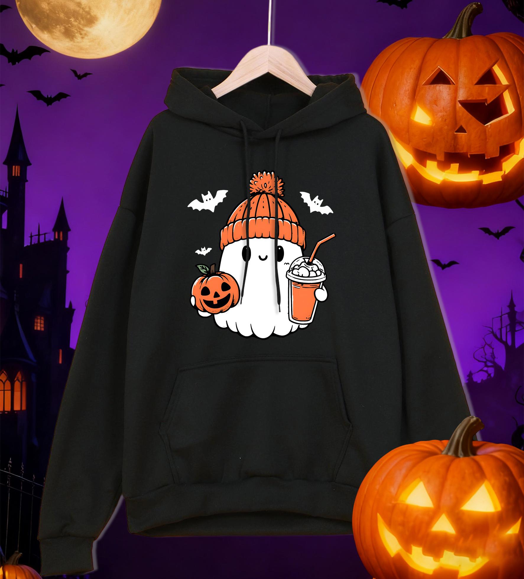 

A Cute Ghost Holding A Drink Pattern Mens Hoodies Casual Autumn Pocket Streetwear Loose Hip Hop Pullovers Fleece Man Hoody 3XL