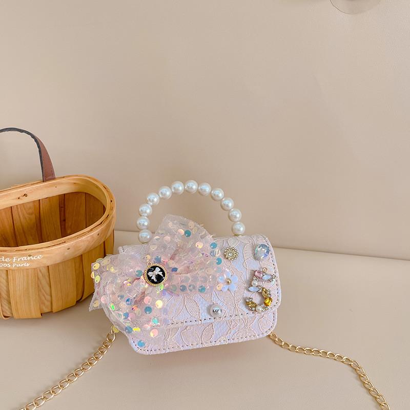 Entzückende Mini-Prinzessin-Tasche mit Schleife für Kinder mit schickem Perlendetail und stilvoller Kette