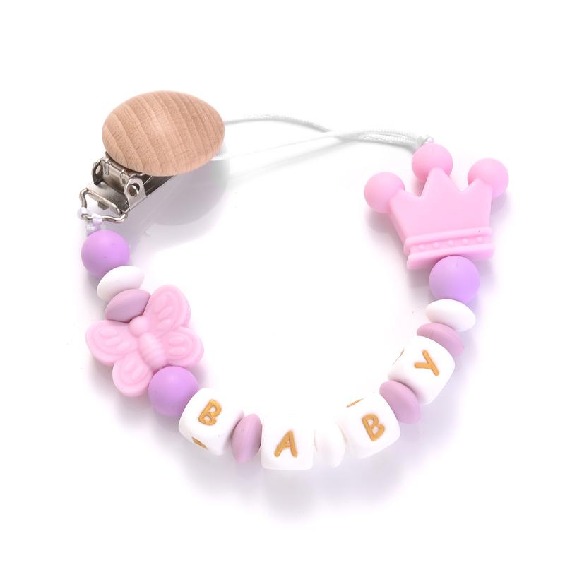 Round Wood Baby Dummy Holder Clip Crown Butterfly Silicone Beaded Teether Custom English Letter Name Pacifier Chain Nursing Toy