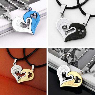 Korean Style Heart-Shaped Couple Necklace Set with Rhinestone Pendants