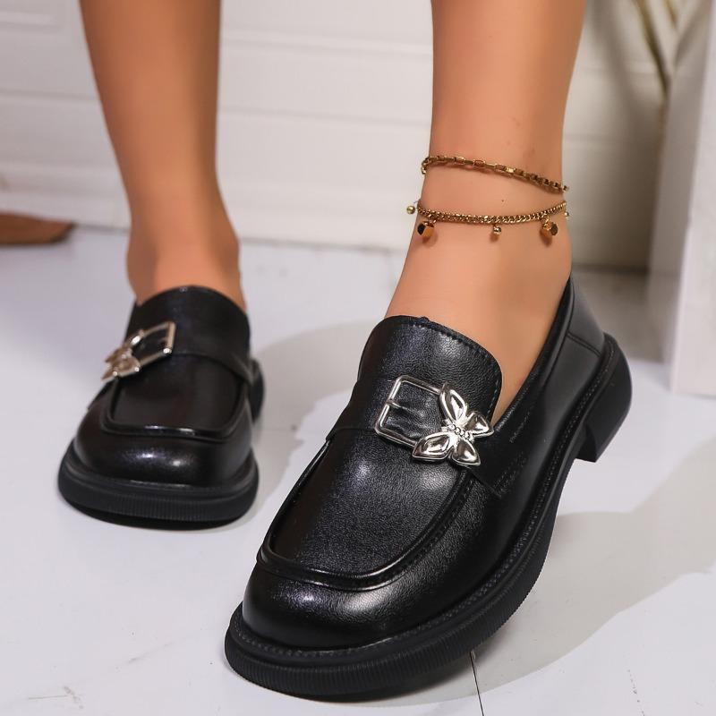 Butterfly Buckle Pu Leather Loafers Women British Style Black Low Heels Work Shoes Ladies 2025 Spring Slip On Casual Shoes 42