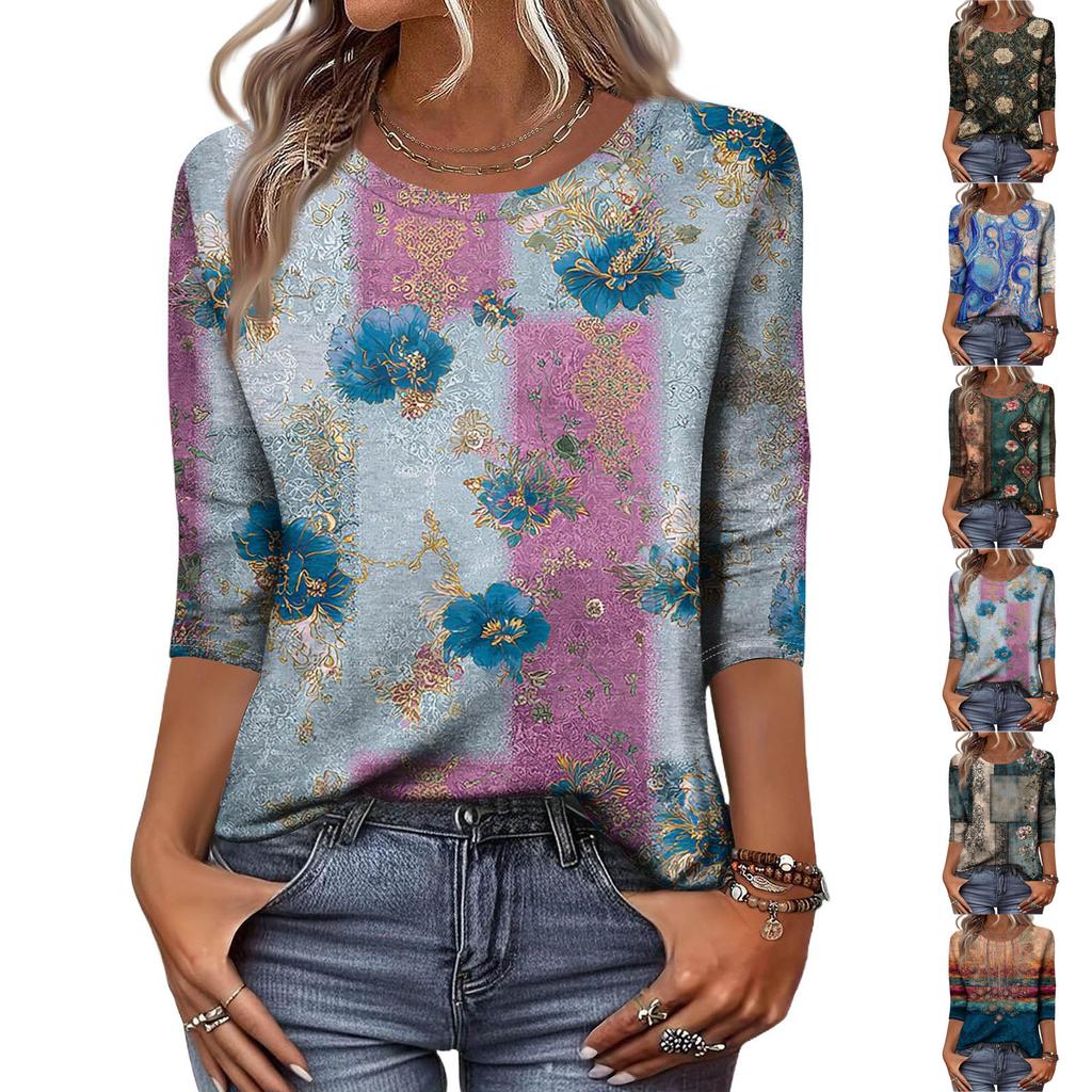 Trendy Vintage 3/4 Sleeve Top For Women ,Ladies Casual Three Quarter Sleeve Round Collar Printed T-Shirt Blouse