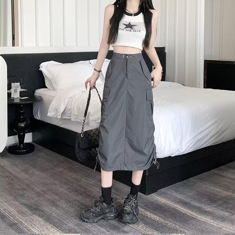 

Women s Retro A-Line Midi Skirt with Slit and Drawstring - Perfect for Spring and Summer 2XL