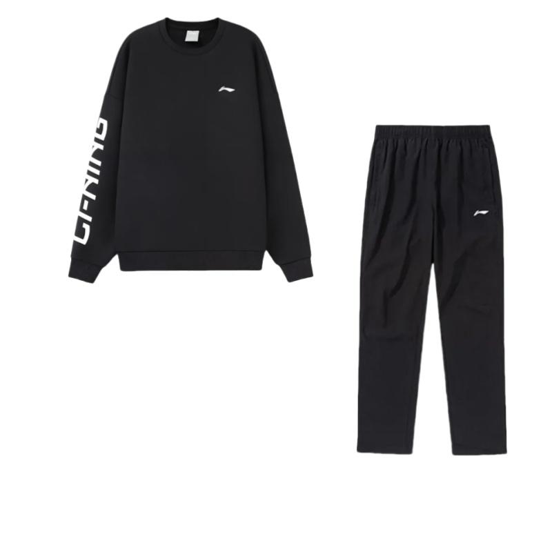 Li-Ning Versatile Letter Print Round Neck Drop Shoulder Loose Long Sleeve Elastic Waist Long Pants Casual Sports Suit Unisex Suit AWDRF44-2+AYKT413-1