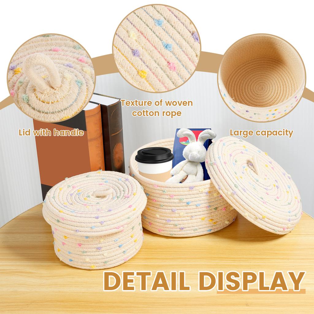 2Pcs Cotton Rope Storage Baskets Woven Desktop Sundries Kids Toys Organizer Box Storage Basket with Lid Sorting Jewelry Snack