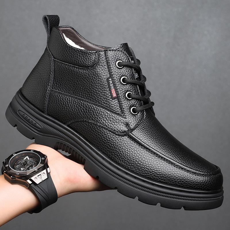 FashionHigh Tops and Fleece Winter Warm Boots for Men Designer Black Platform Cotton Shoes Male Fashion Casual Leather Dress Shoes Man