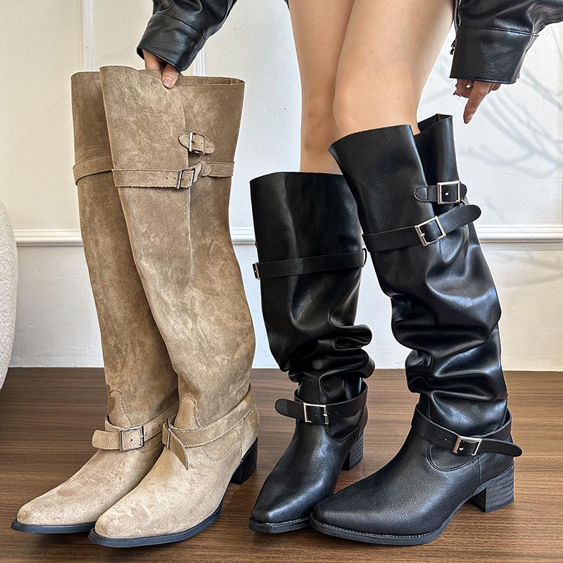 Mode Herbst Winter Plissierte Damen Kniehohe Stiefel Vintage Eckige Niedrige Absätze Schuhe Damen Gürtelschnalle Lange Stiefeletten
