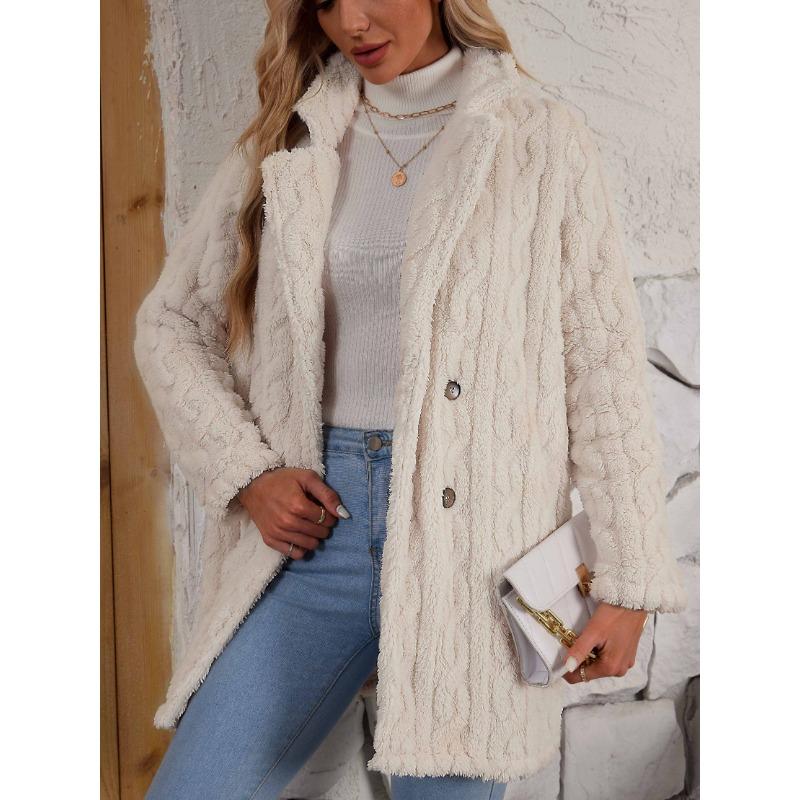 

Двубортное плюшевое текстурированное пальто, термопальто с длинным рукавом и вырезным воротником, женская одежда S белый