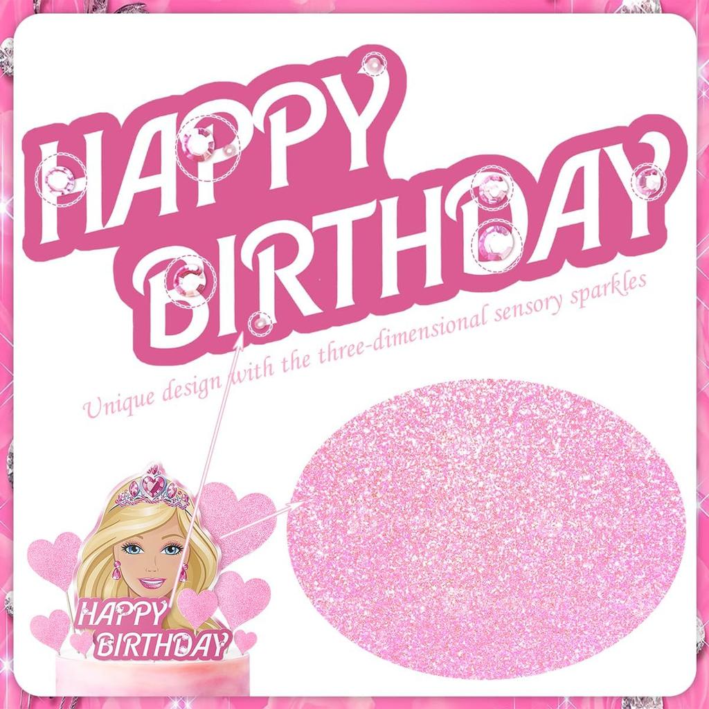 Girl Cake Topper Set, Glitter Happy Birthday Toppers Heart Party Supplies Favor Decorations Pink
