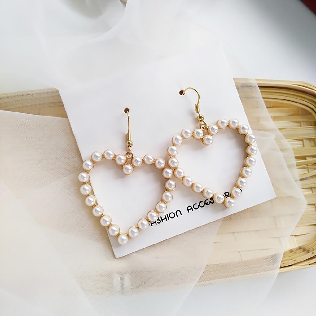 Love Heart Statement Earrings Alloy Faux Pearl Dangle Chain Hook Ear Drop Jewelry Gift for Women