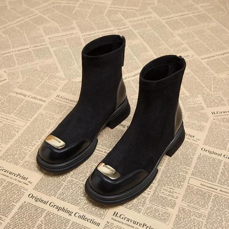 Women's Fashion Boots Round Toe Mid Heel Spring/autumn Ankle Ladies Shoes Solid Sewing Concise Women Boots Metallic Sequins 2025