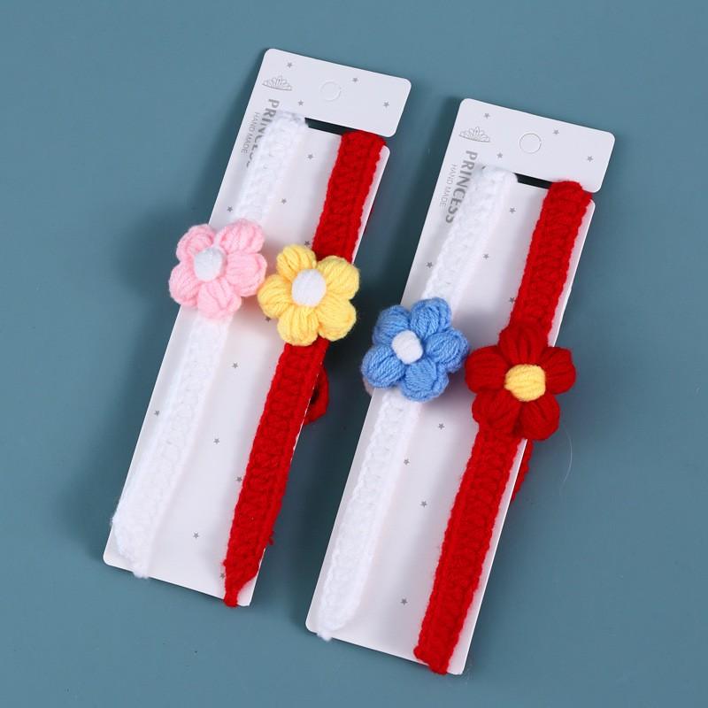 Handmade Knitted Pet Collar With Puff Flower Decor Adjustable Cats Dogs Fall Winter