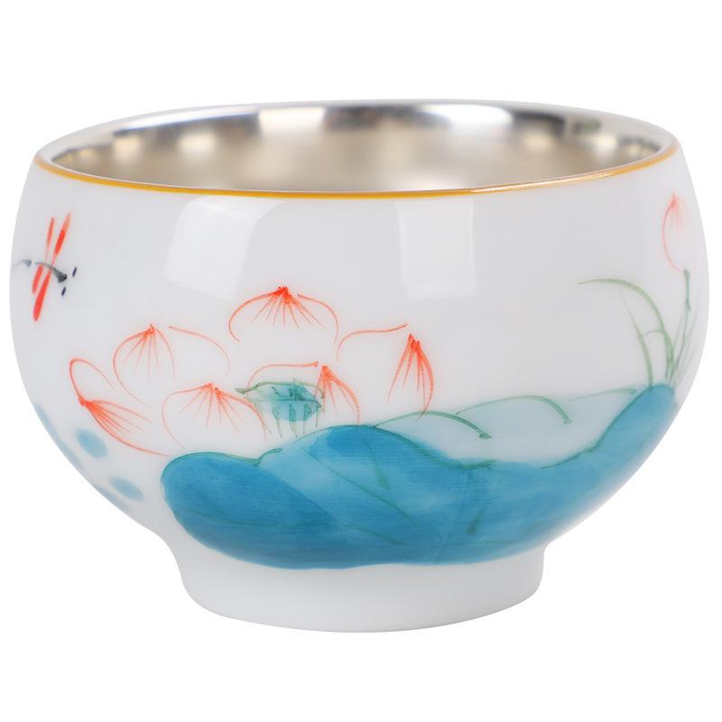 999 Pure Silver Master White Porcelain Hand-painted Underglaze Color Gold-plated Single Cup Kung Fu Tea S