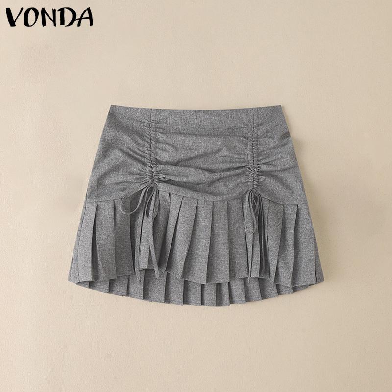 VONDA Women Summer Drawstring Ruffled Waist Casual Pleated Mini Skirts Overskirts