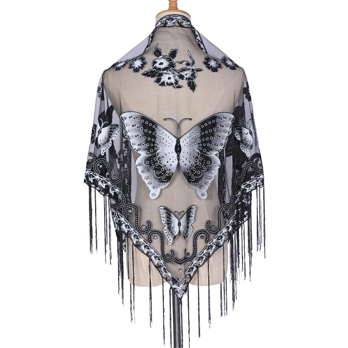 

Tassel Triangle Scarf Solid Color Hollow Lace Butterfly Embroidery Triangle Shawl Scarf For Women