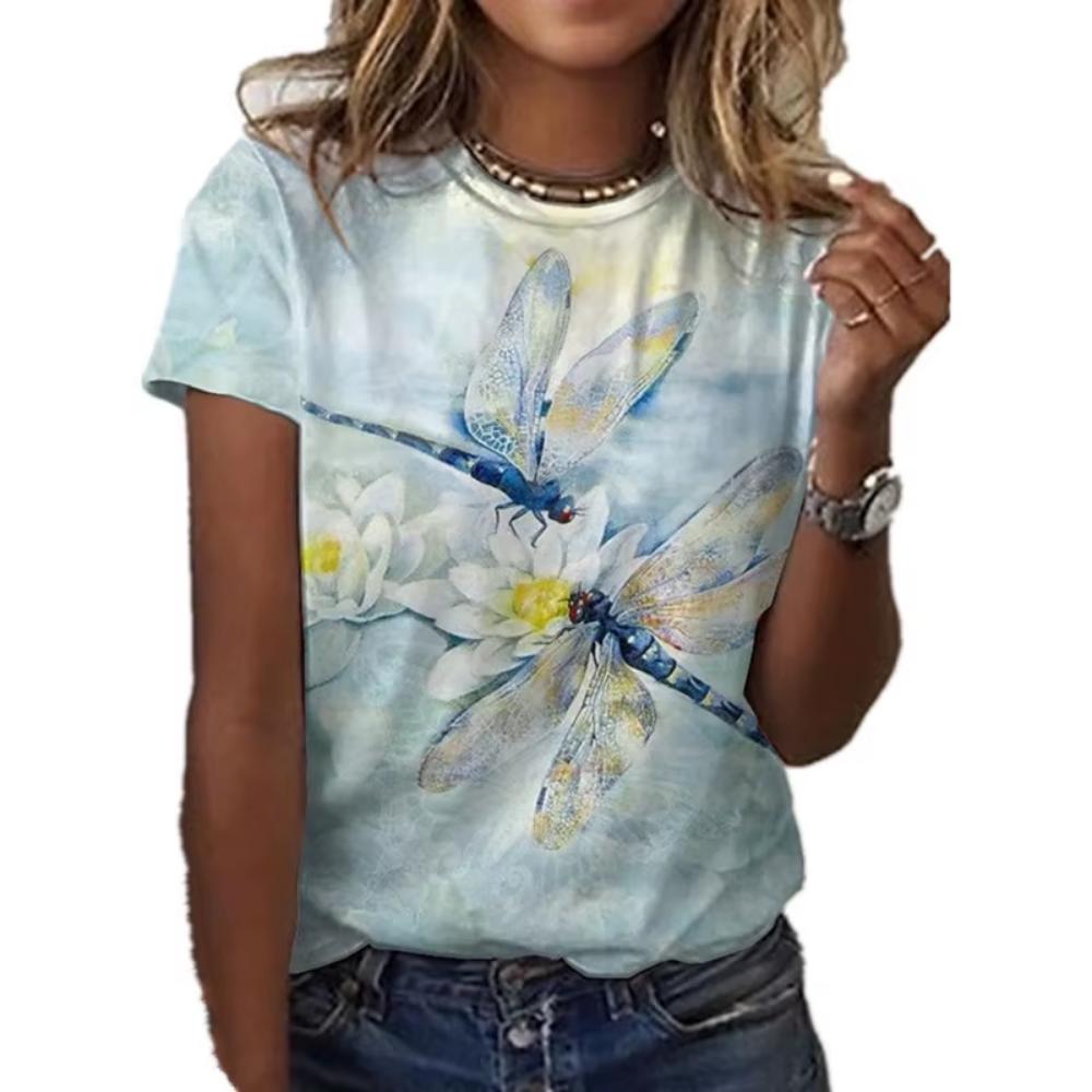 Fashion art floral pattern T-shirt for ladies, summer casual printed outfit