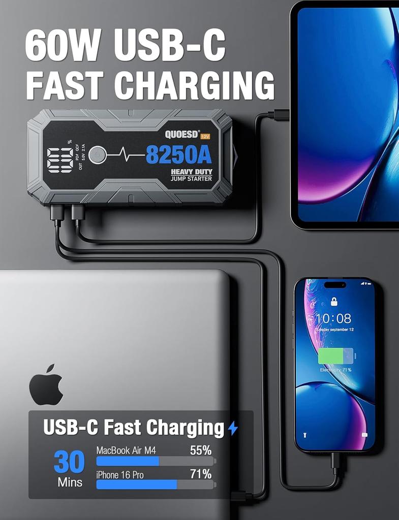 8250A Jump Starter 12V Portable Car Booster with 60W Power Bank, 48-Month Standby, for Gas & 10L+ Diesel