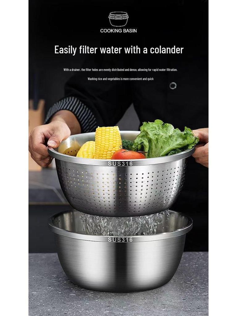 German Stainless Steel Bowl Set for Vegetable Washing, Egg Beating, Dough Kneading, and Cooking - Free Shipping