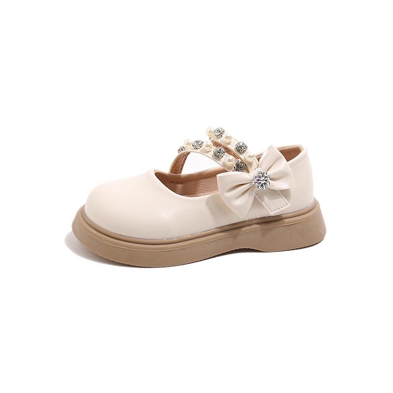 Autumn New Korean Version Pearl Bow Girls Comfortable Soft-soled Leather Shoes