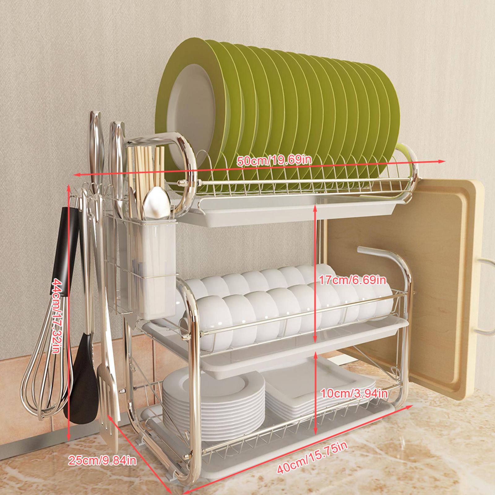 3 Tiers Rust-Resistant Dish Storage Shelf Nano-Coated Iron Dish Drainer with Utensil Holder Drain Board Space-Saving for Plates