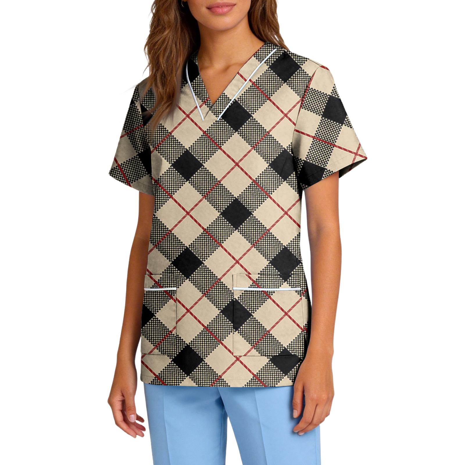 

Women s V-Neck Short Sleeve Workwear Top with Pockets & Moisture Wicking Fabric L коричневый