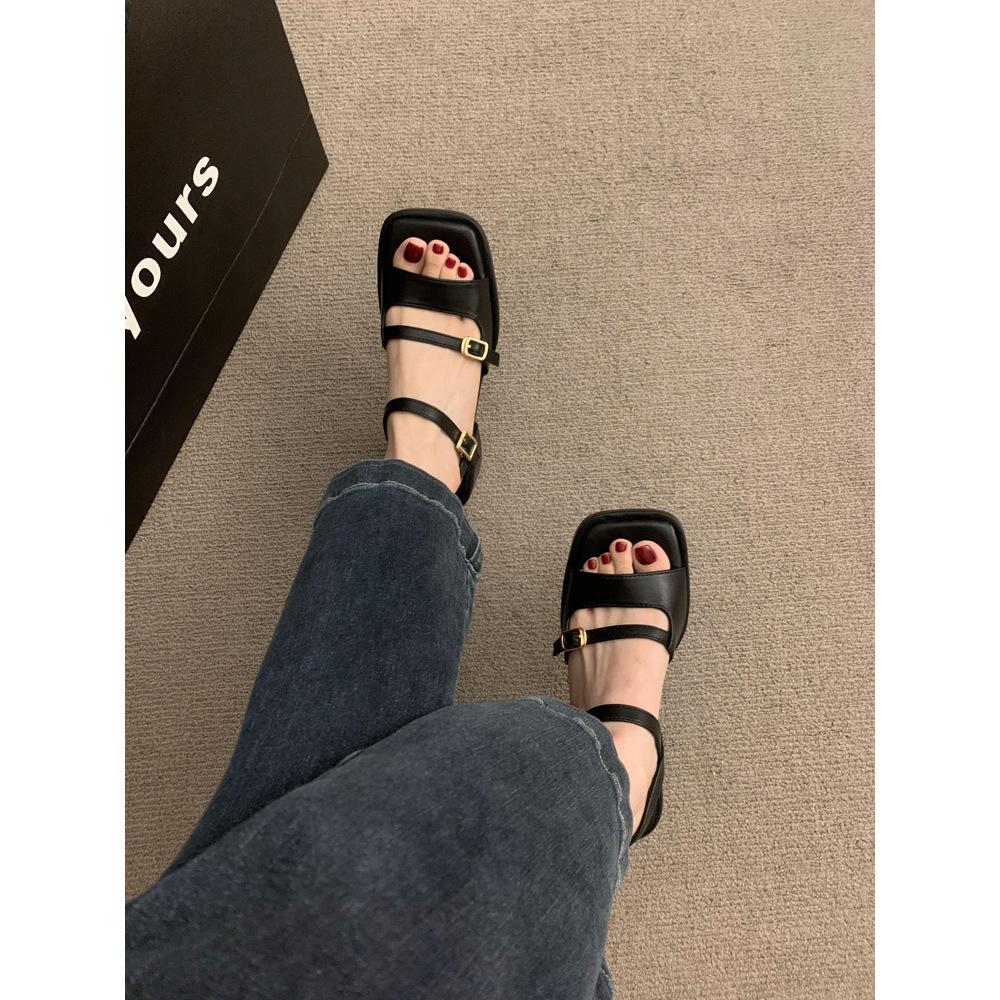 2025 summer new high-heeled open-toed sandals empty women's shoes temperament with skirt black thick-heeled Roman shoes