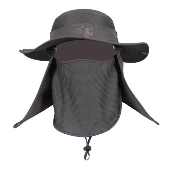 Sun Hat with Windproof Rope 360-Degree Sunshade System Curly Foldable Brim Outdoor Hat with Face Guard Shawl
