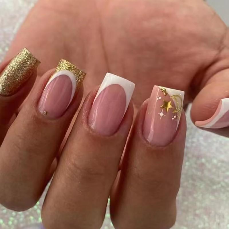 Flashy Medium-Length French Press-On Nails With Star Moon Design Ins Style Trendy False Nail Tips Gel Adhesive Type