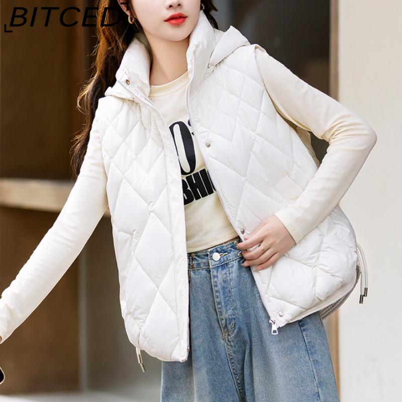 BITCED Women's Autumn/Winter Quilted Down Vest - Elegant Hooded Cotton Jacket, Short-Sleeved Waistcoat, Diamond-Quilted Vest